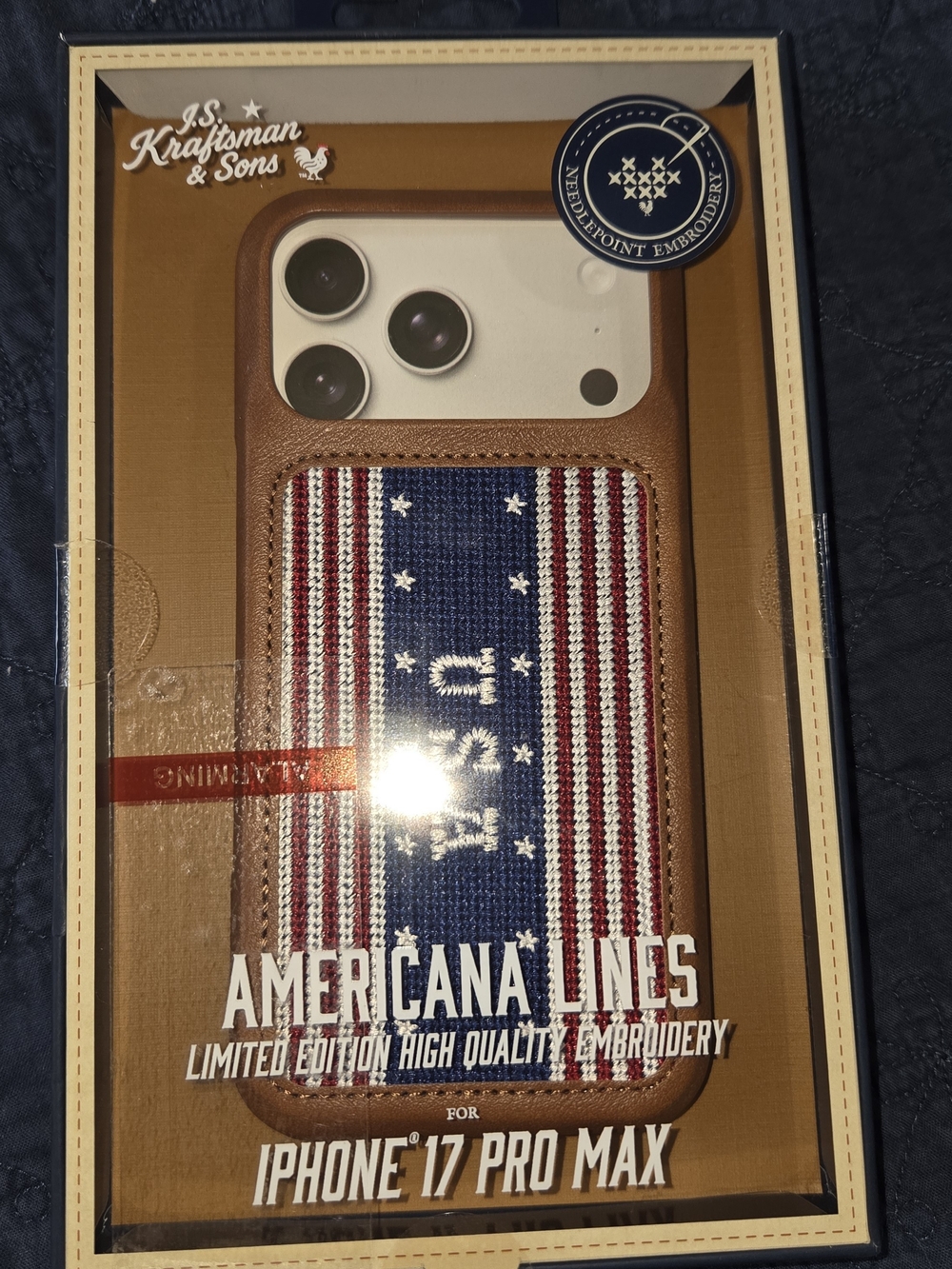 New, Americana Lines Brown W/embroidery iPhone 17 Pro Max Cp Case